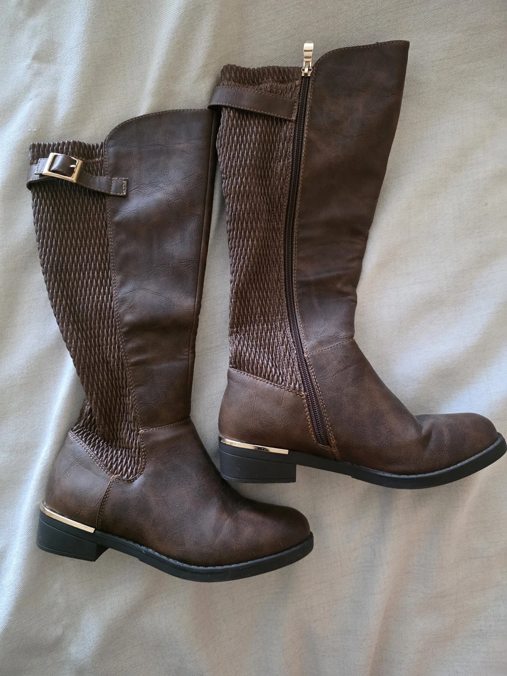TOP Moda Women's Knee Brown Faux-Leather Boots with Stitch Detail